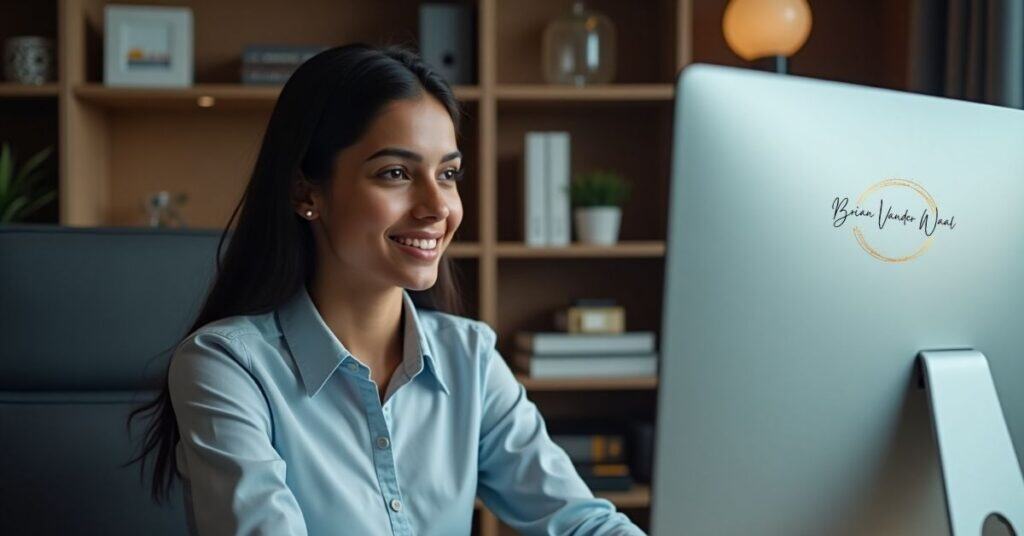 An image of a professional woman mid-video interview, sitting in front of a computer screen in a nice desk chair. She is making eye contact with the camera, smiling warmly, wearing a smart shirt. The background is a tidy home office with shelves containing a few books and other decorative items. 