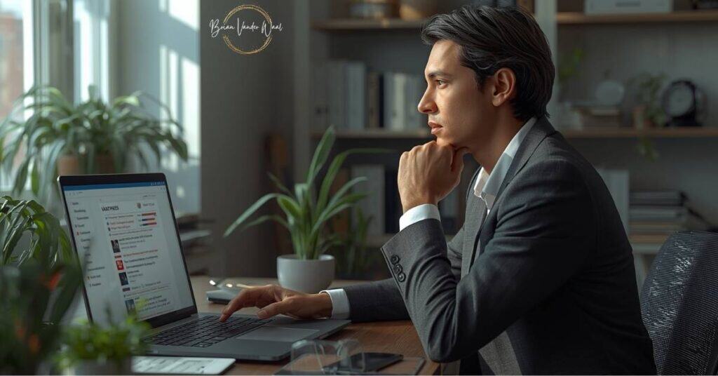 An image of a professional man in a bright home office, doing a job application on a laptop using AI. The AI dashboard is on the screen. The scene conveys focus and determination, with natural sunlight streaming through a window, indoor plants, and neatly organised bookshelves in the background. The man is mid-30s, dressed in a smart suit looking at the screen thoughtfully, hand on chin. 