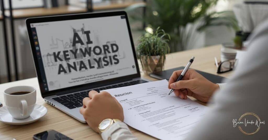 An image of a professional at a tidy desk, reviewing a printed CV in front of a laptop showing an AI keyword analysis tool. A cup of coffee and desk plant add warmth to the scene. Person is making handwritten notes on the CV with a pen. The room has modern home office decor and natural daylight.