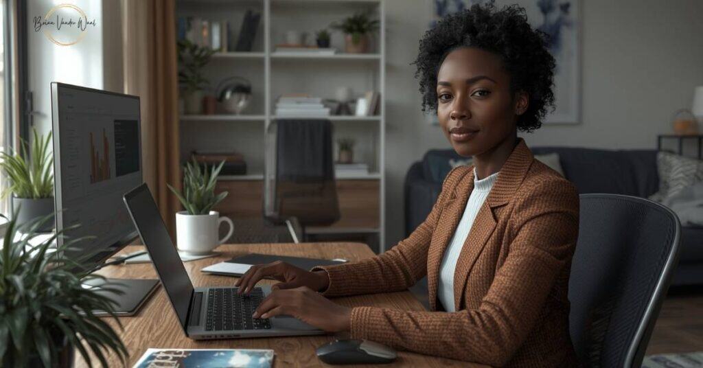 An image of a professional British Black African woman in her early 30s sitting in a stylish home office, working on a sleek laptop, with natural daylight streaming through a large window. She looks focused and confident. On the desk are a neatly stacked CV and cover letter beside her laptop. In the background, home office decor: potted plants, modern bookshelf with a few books and decorative items, and soft lighting. The room feels warm and inviting but professional, with subtle tech elements hinting at AI use (like a second monitor showing a blurred-out analytics dashboard).