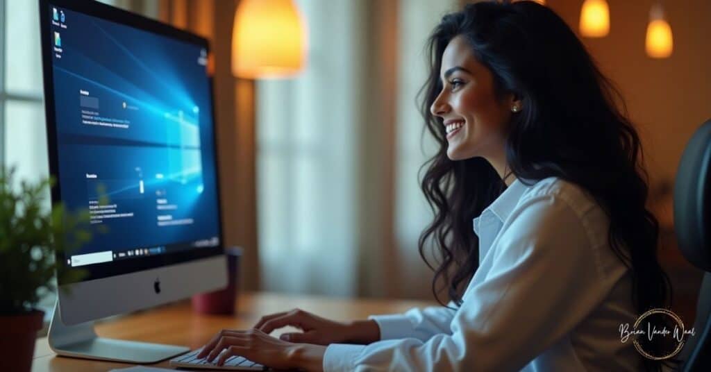An image of a professional British Indian woman looking at her computer monitor and smiling, because she just secured a job offer. It is a side view with the woman facing a computer. The woman has lustrous black hair cascading down her back. She exudes confidence and intelligence as she interacts with the computer screen. She is wearing professional clothes suitable for an interview. On the desk is a potted plant and a wireless keyboard, which she is typing on.