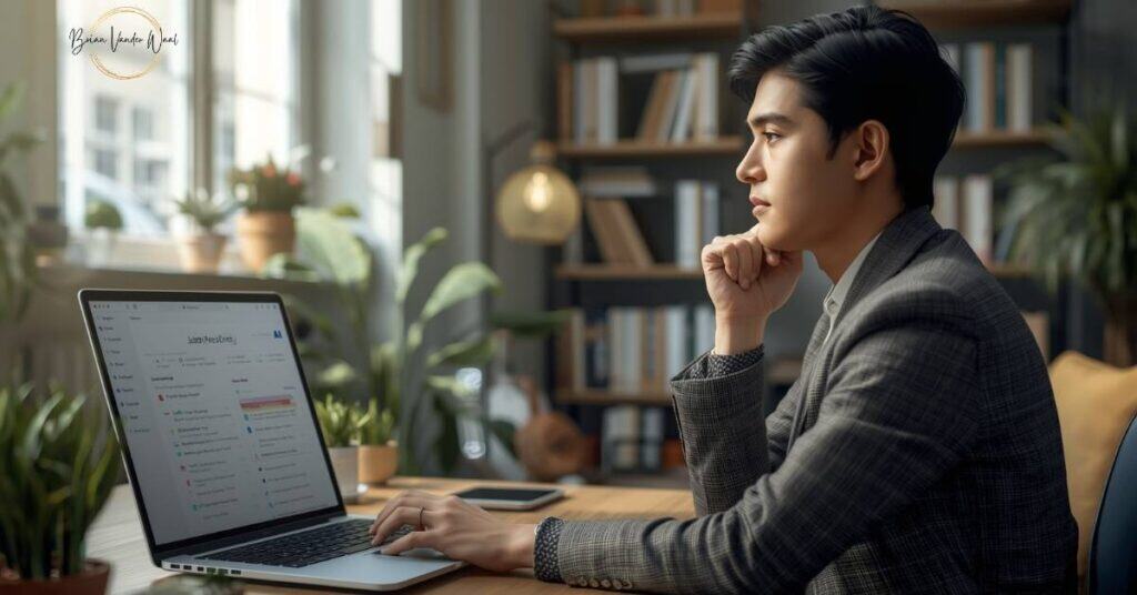 An image of a male Asian professional in a bright home office using AI for remote job applications..  The blurred AI dashboard of his AI tool shows keyword matches. The scene conveys focus and determination, with natural sunlight streaming through a window, indoor plants, and neatly organised bookshelves in the background. The male jobseeker is mid-30s, dressed smart clothing, looking at the screen thoughtfully, hand on chin.