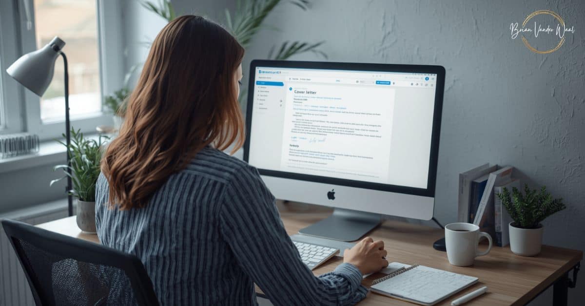 An image of a modern home office with a jobseeker sitting at a desk, facing a computer screen. The Job seeker is using an AI Cover Letter Generator. The screen is glowing naturally. The person is viewed from behind, showing them focused on the screen. The scene includes a computer screen, a keyboard, mouse, a potted plant and other home office décor. The lighting is soft and natural, coming from a window nearby, creating a professional yet relaxed atmosphere. The person appears professional and casually dressed, with natural skin texture, hair, and posture.