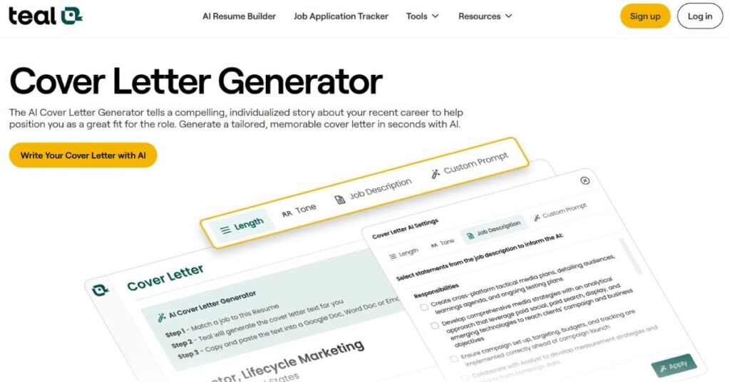 Teal Cover Letter Generator web page