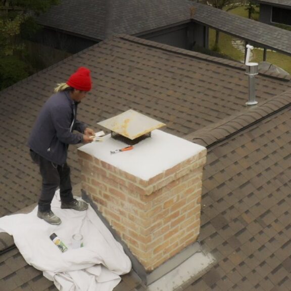 Brick Restoration Masonry Specialist Repairing Chimney on Roof Brick Restoration Masonry Specialist Repairing Chimney on Roof
