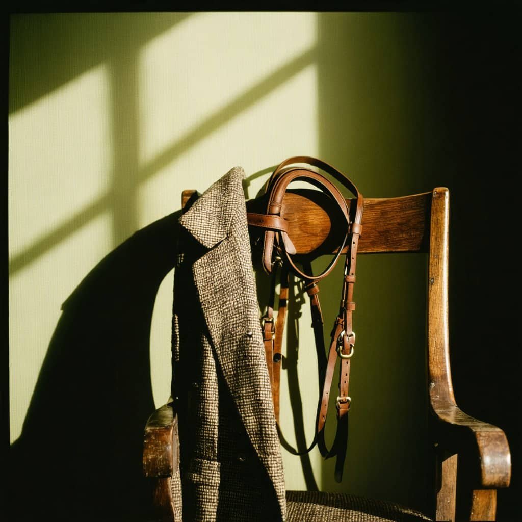 hyper realistic editorial photo of bridle displayed on vintage wooden chair tw 20250905042403 01