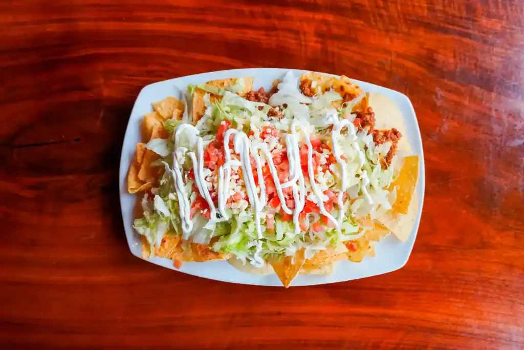 Delicious Mexican Nachos with cheese, lettuce, and salsa on a white plate.