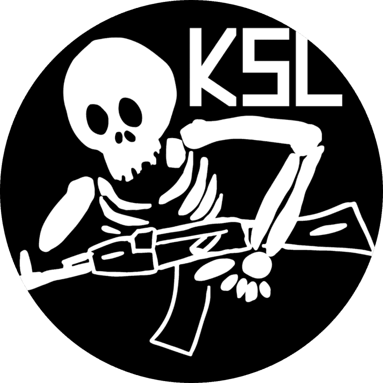 Skeleton with a gun, skull design, KSL logo, black and white skull illustration, edgy streetwear style.