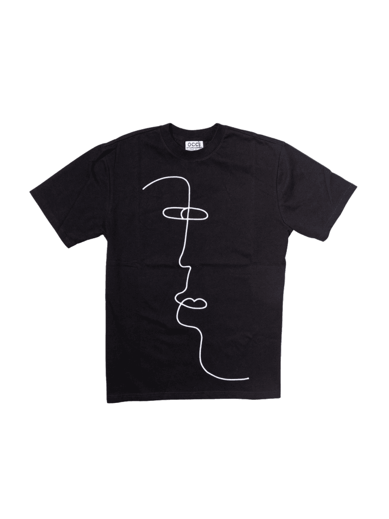 Minimalist black T-shirt with abstract face line art design, stylish and comfortable for casual wear.