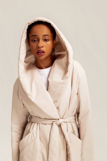 Long belted hooded puffer jacket