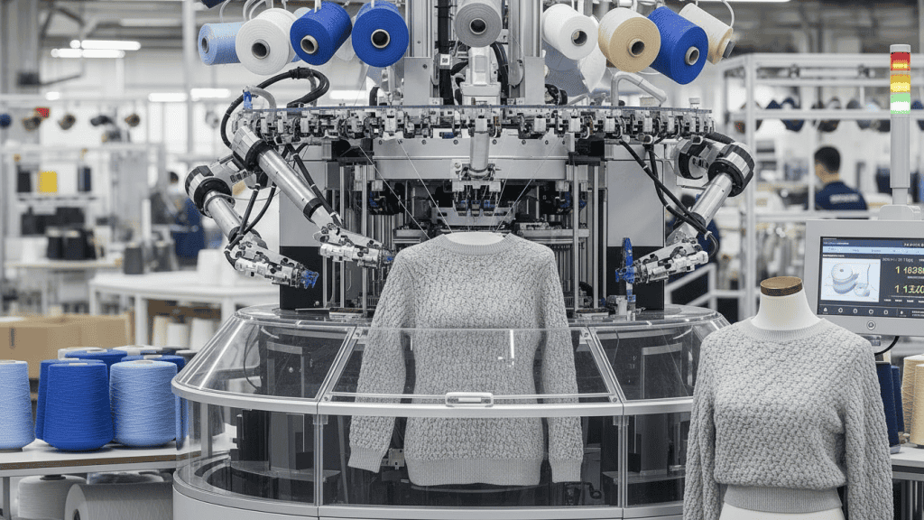 High-tech sweater manufacturing automation at Bryden Apparel factory.