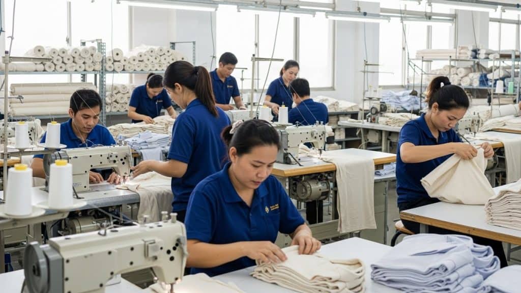 Clothing manufacturing line at Bryden Apparel, a organic clothing manufacturer