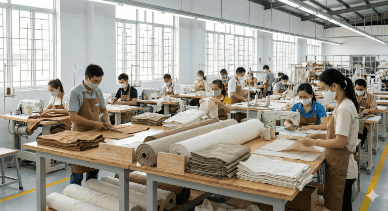 High-volume fabric cutting and sewing in a professional apparel manufacturing factory for custom clothing orders.