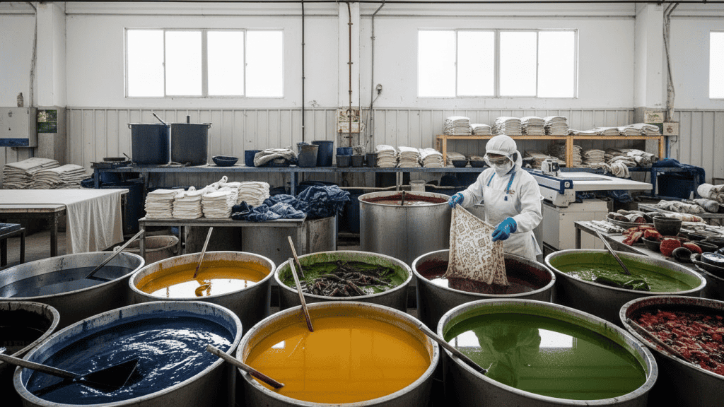 Colorful fabric dye tanks in textile printing factory for custom clothing production.