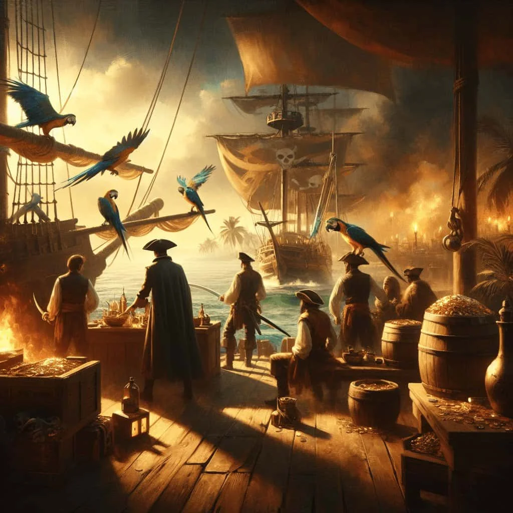 Colorful parrots flying around pirate crew on ship deck with treasure chests and barrels, during sunset with burning harbor in background - lively pirate scene.