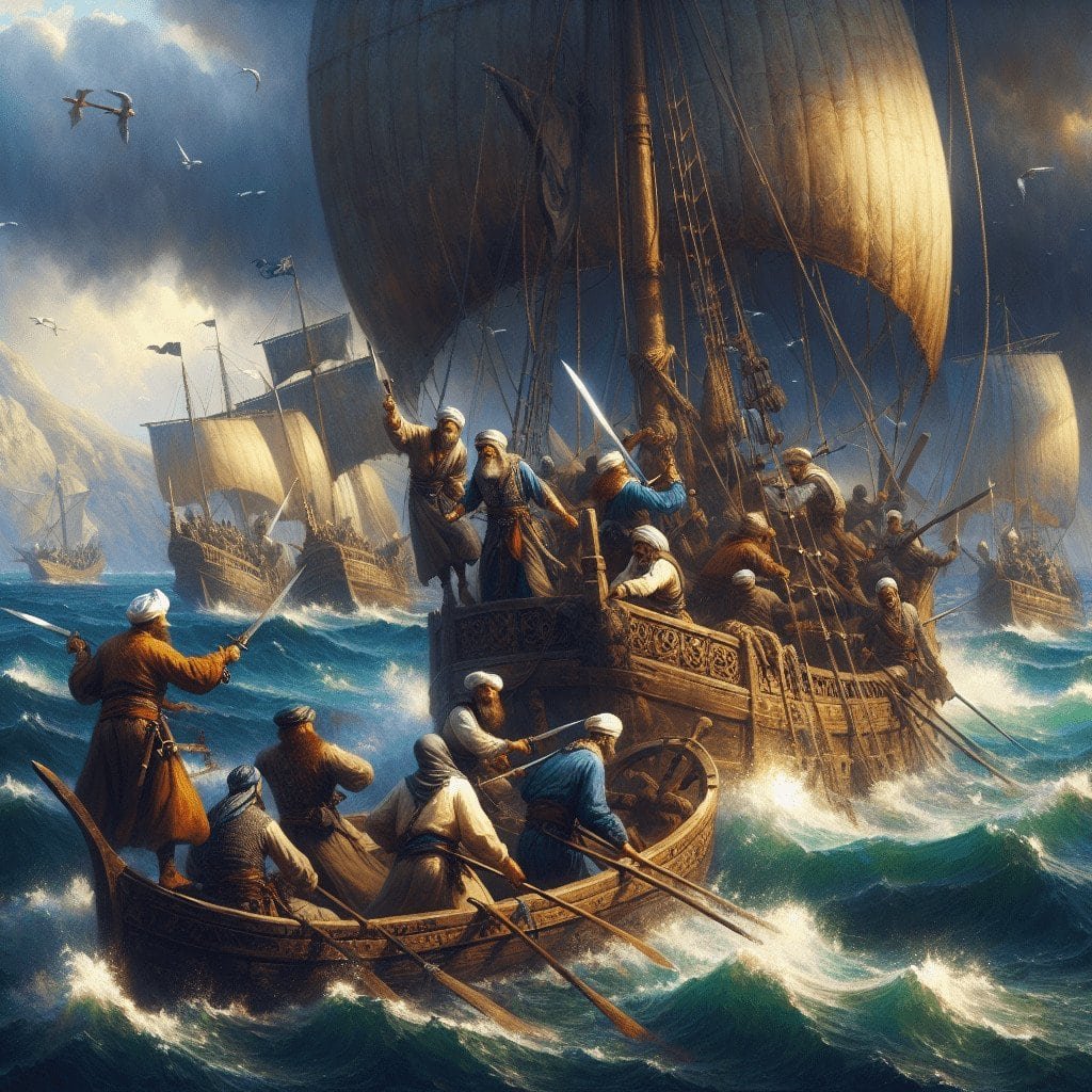 Viking ships battling in a fierce sea storm with warriors fighting and ships catching the wind in a historic naval battle scene.