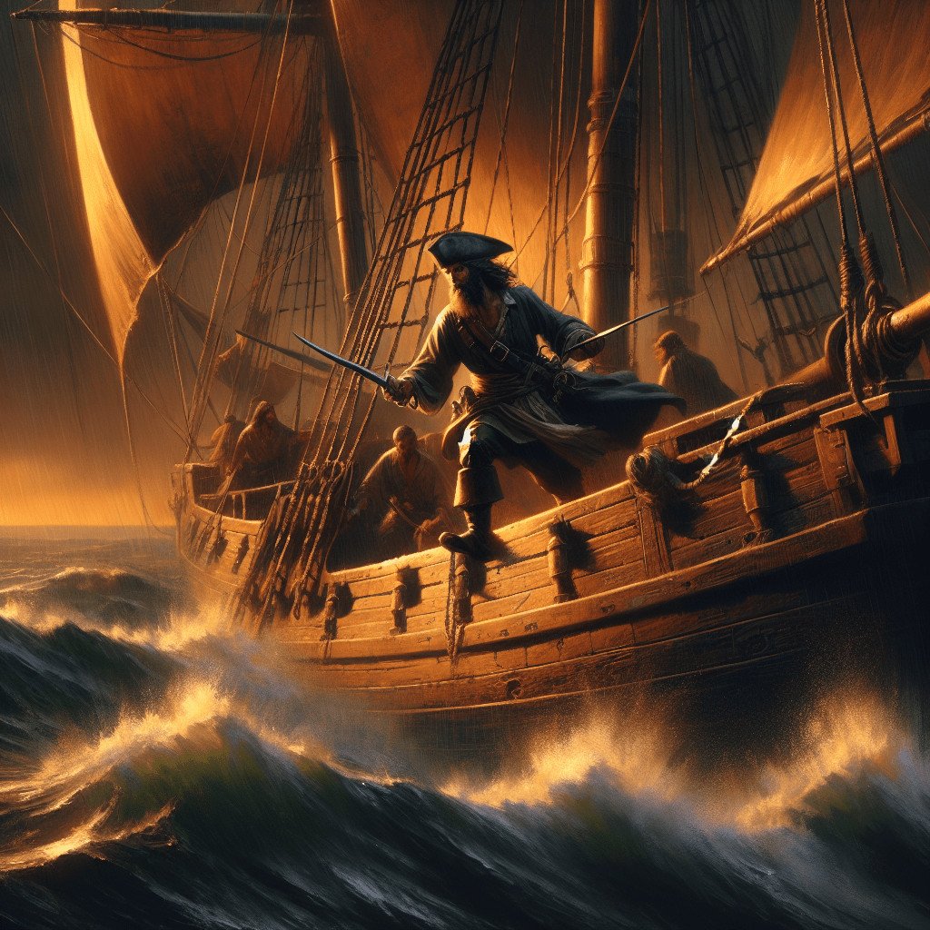Rugged pirate captain on a historic sailing ship battling stormy seas, emphasizing adventure, maritime exploration, and nautical skills.