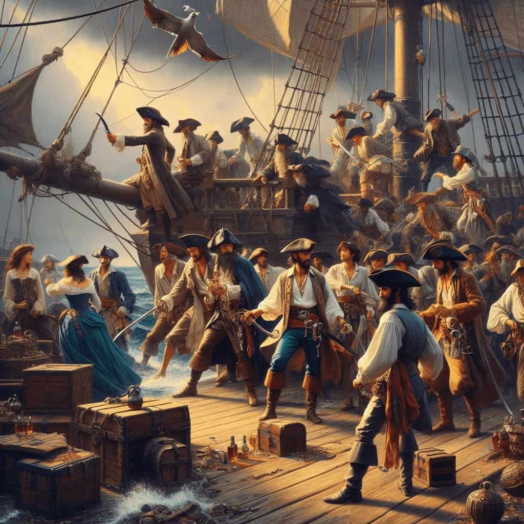 Vivid painting of 17th-century pirates attacking a Spanish galleon during a maritime battle at sea, showcasing pirate life and historic maritime warfare.