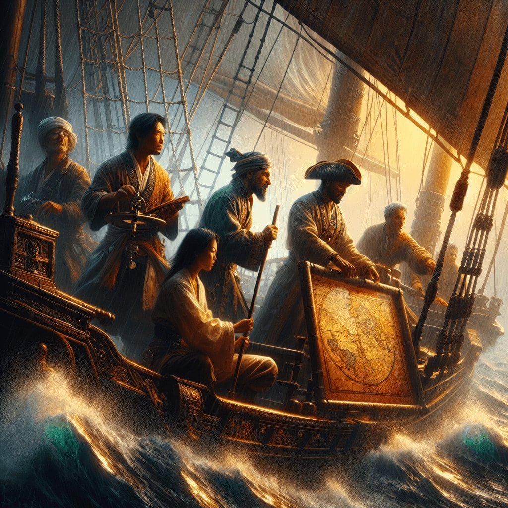 Sailors and pirates on a historic wooden sailing ship exploring a maritime map during sunset, emphasizing adventure and nautical exploration.