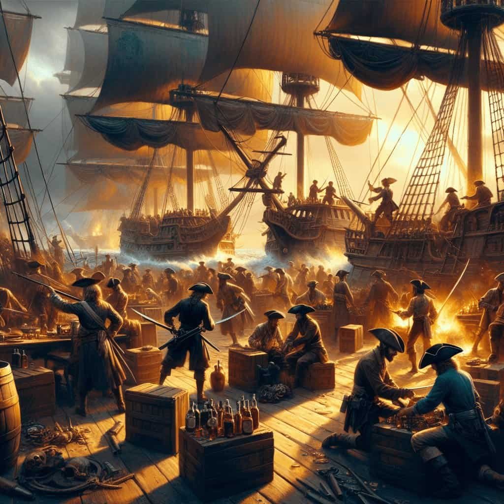Sailors preparing for a battle on a historic wooden ship during sunset, with multiple ships in the background and a lively atmosphere on the deck.