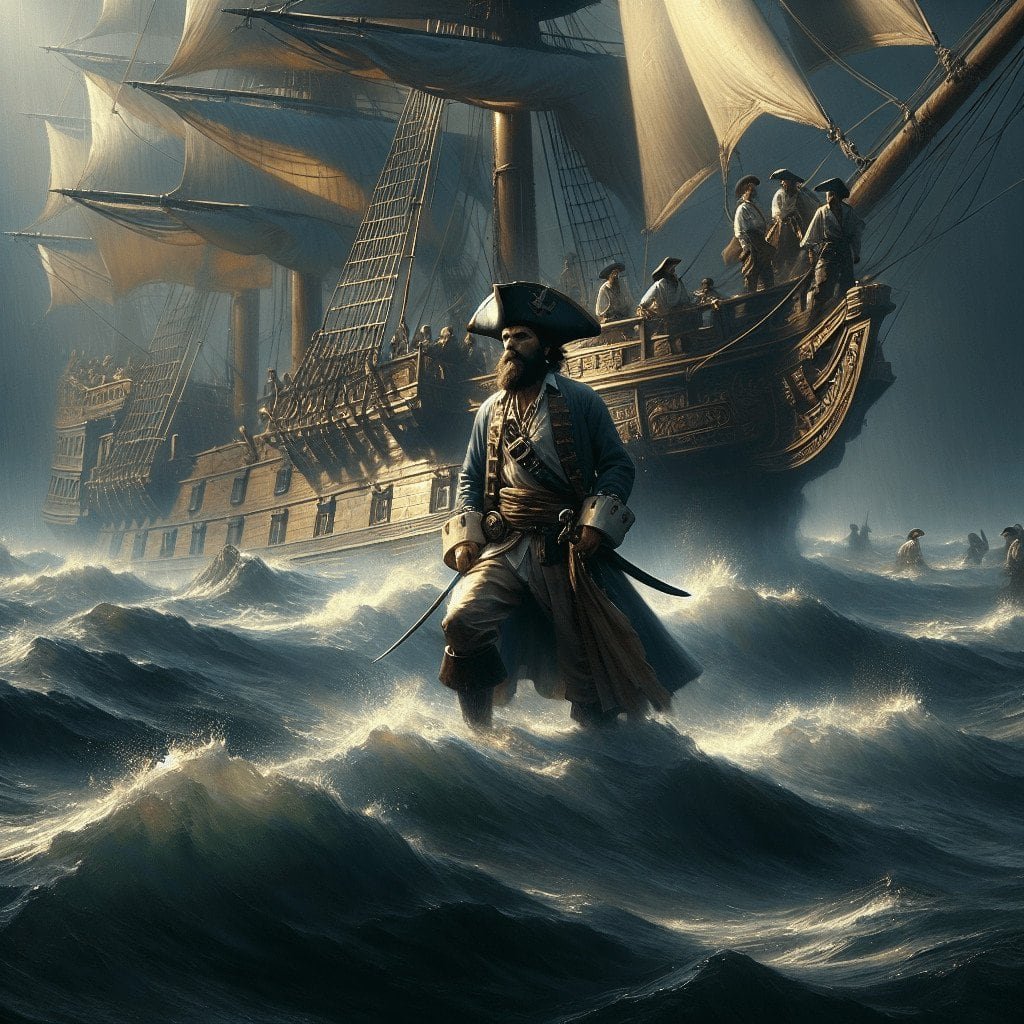 Majestic pirate captain standing on turbulent sea waters with historic sailing ship in background, capturing the essence of pirate adventure and seafaring life.