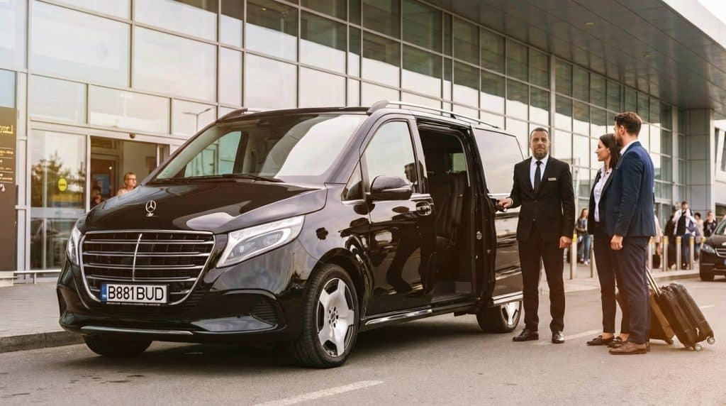 Mercedes V-Class airport pickup service with professional chauffeur assisting passengers in Bucharest