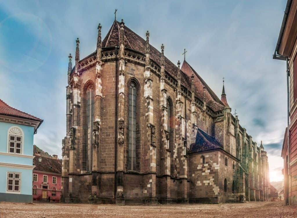 The Black Church in Brasov surrounded by historic old town buildings
