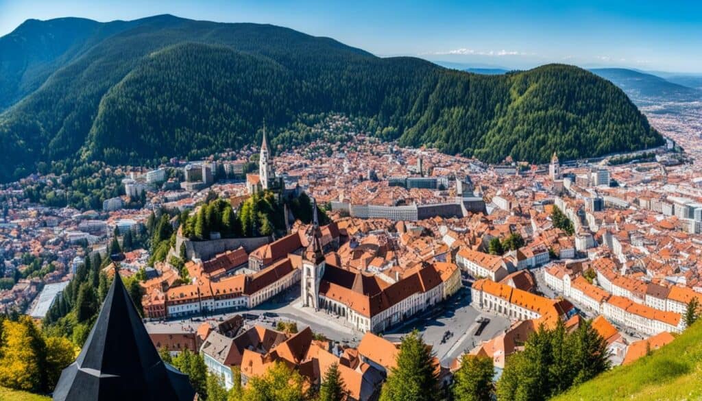Aerial panorama of Brasov old town surrounded by green mountains