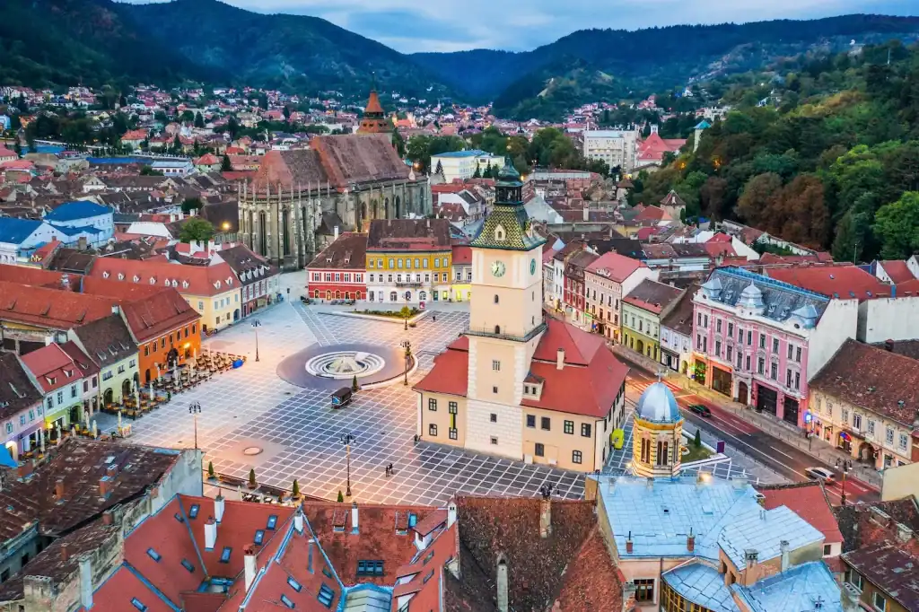 Aerial view of Council Square in Brasov with colorful old town buildings