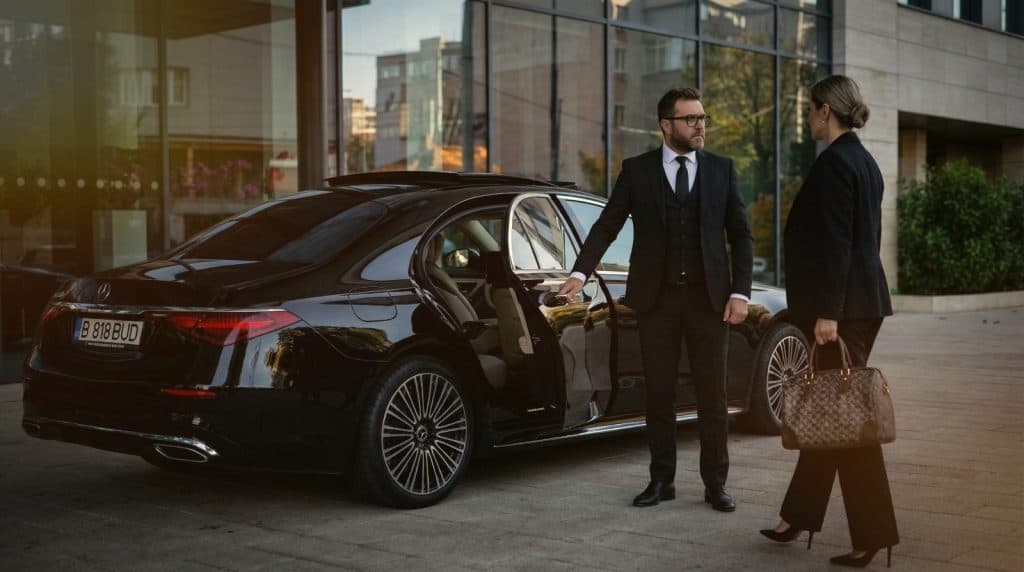 Professional chauffeur assisting a passenger beside a black Mercedes S-Class