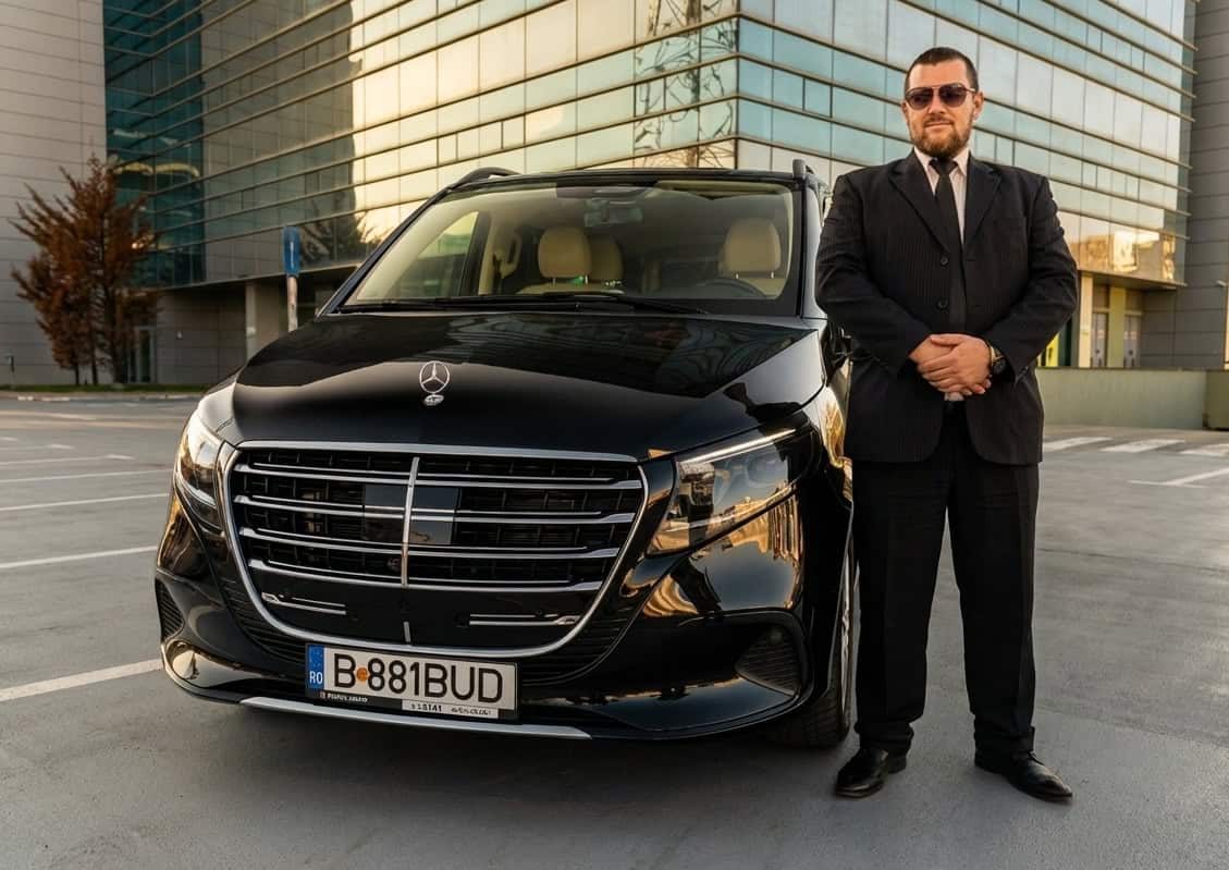 Professional chauffeur standing next to a black Mercedes V-Class Bud’s Cab vehicle in Bucharest