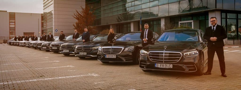 Bud’s Cab full fleet and chauffeur team lined up in Bucharest