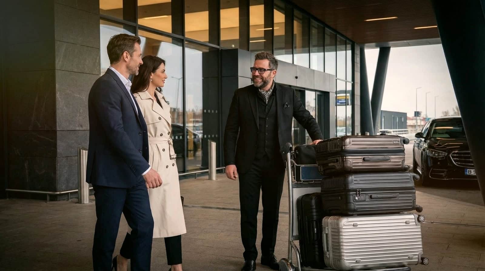 Professional chauffeur assisting passengers with luggage during a premium arrival transfer