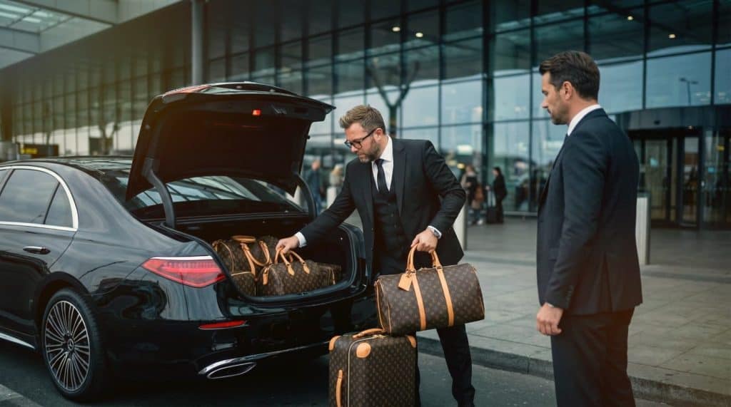 Professional chauffeur loading luggage into a Mercedes S-Class for a premium transfer