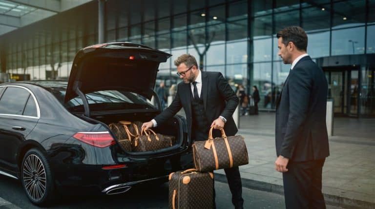 Professional chauffeur loading luggage into a Mercedes S-Class for a premium transfer