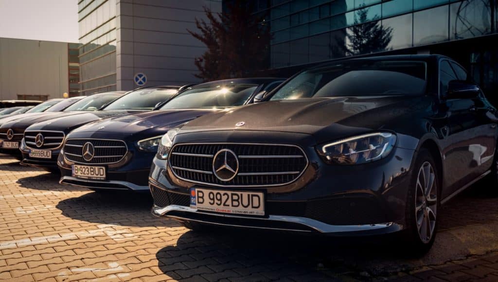 Lineup of Mercedes E-Class vehicles from the Bud’s Cab fleet in Bucharest