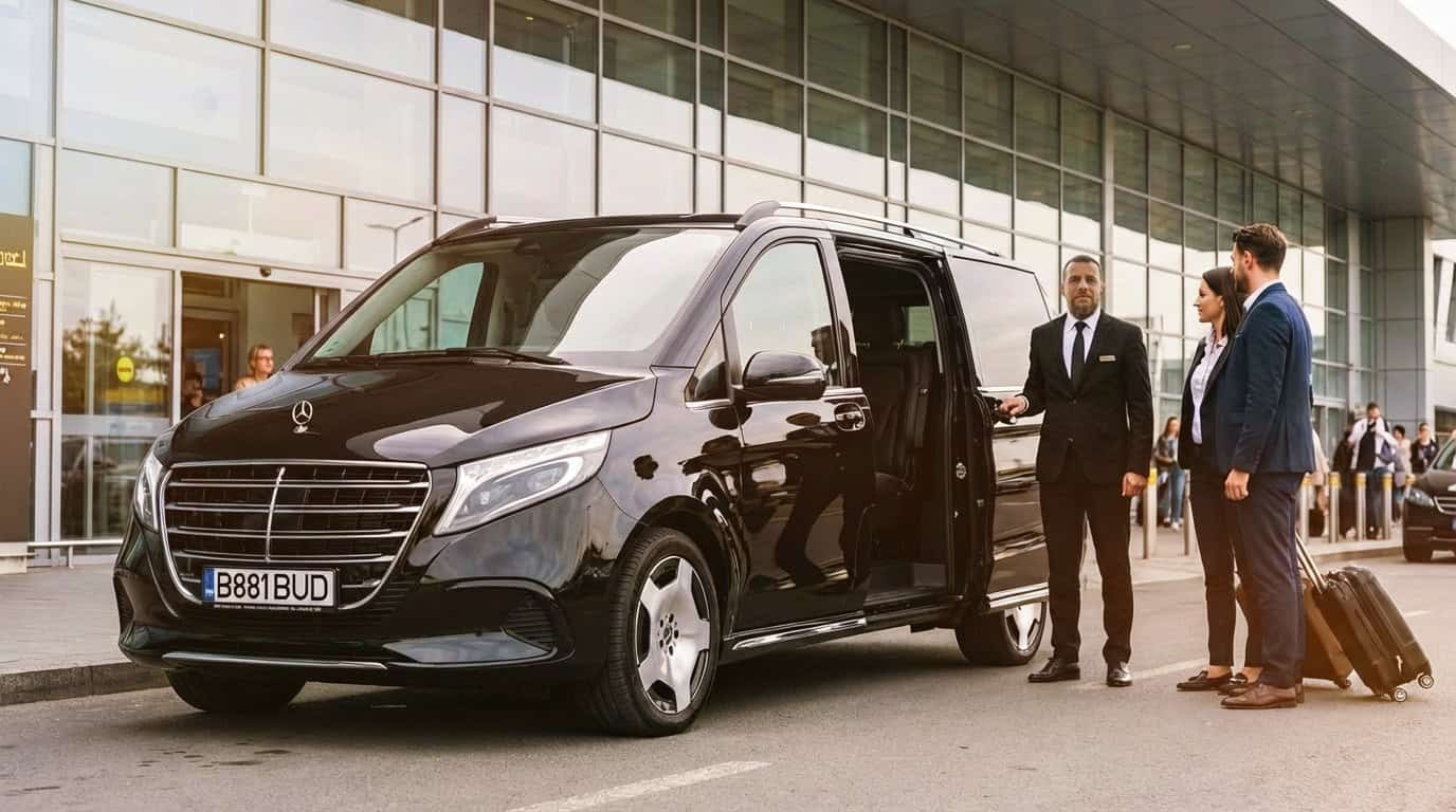Mercedes V-Class airport meet and greet service with professional chauffeur assisting passengers