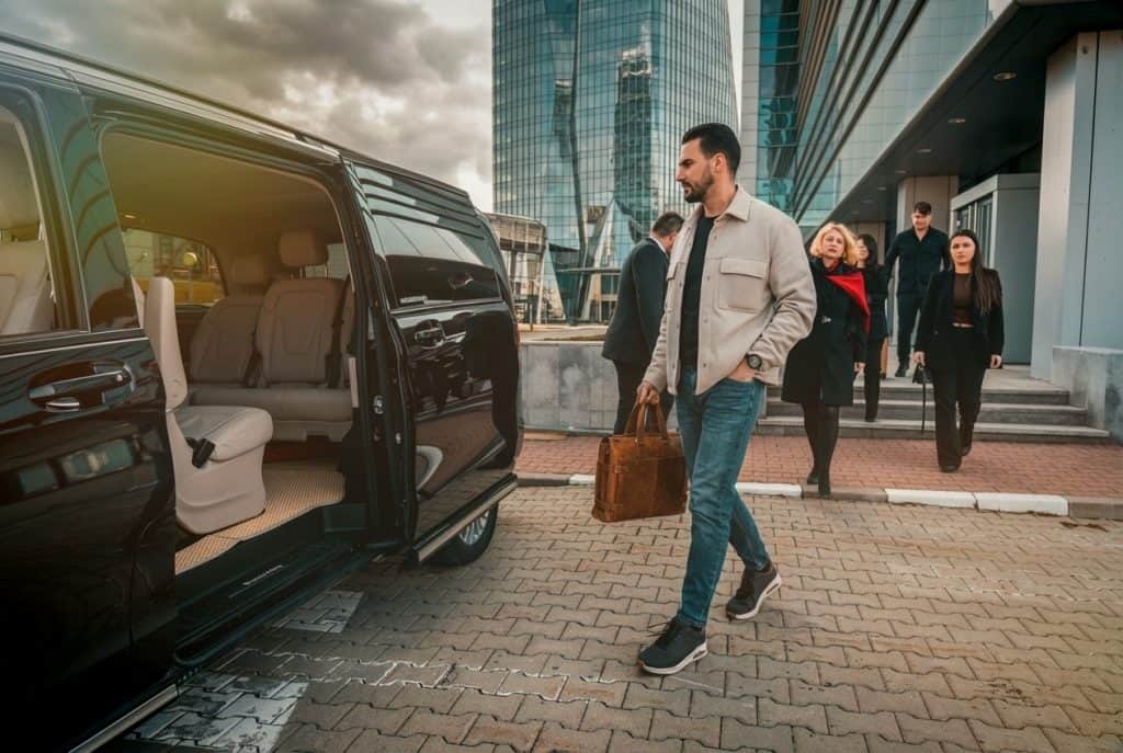 Business passengers arriving at a Mercedes V-Class for premium corporate transfer in Bucharest