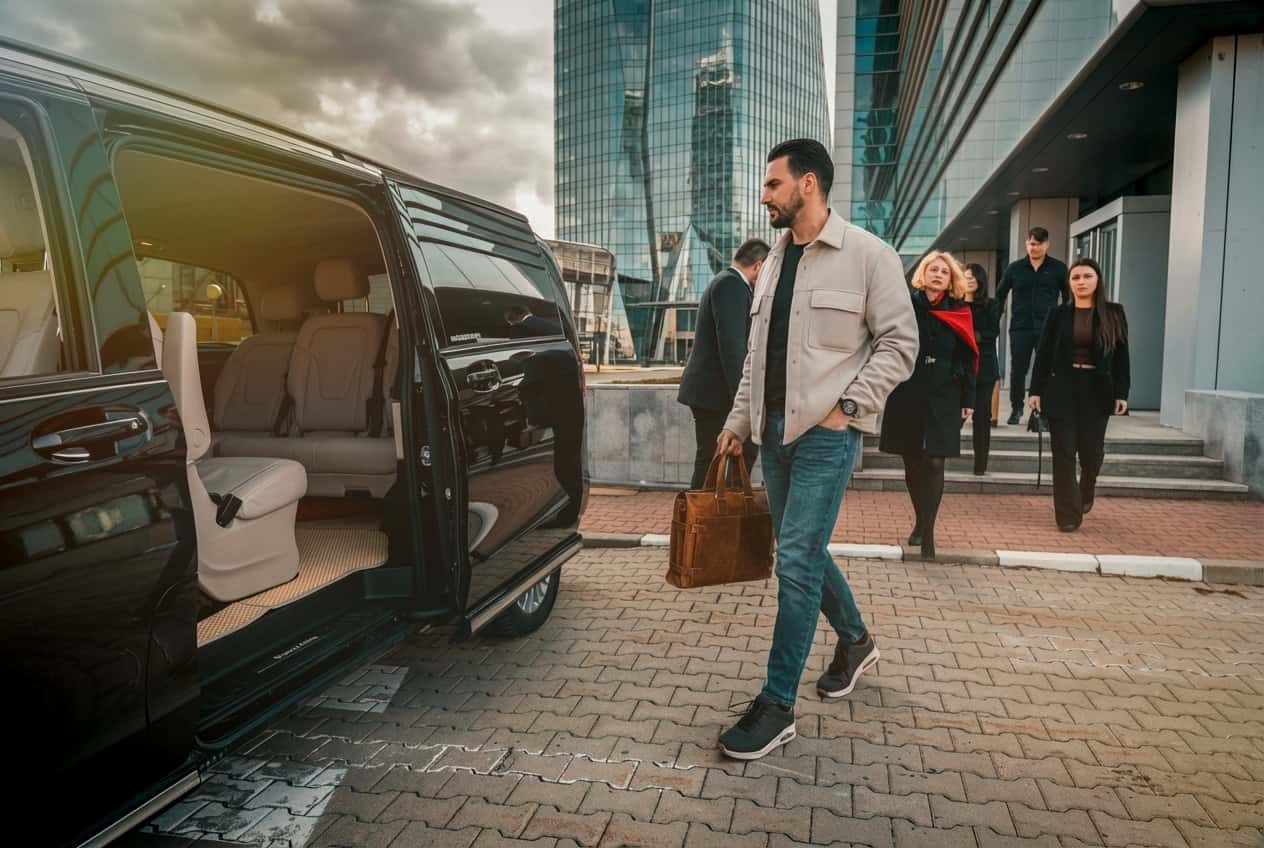 Business passengers arriving at a Mercedes V-Class for premium corporate transfer in Bucharest