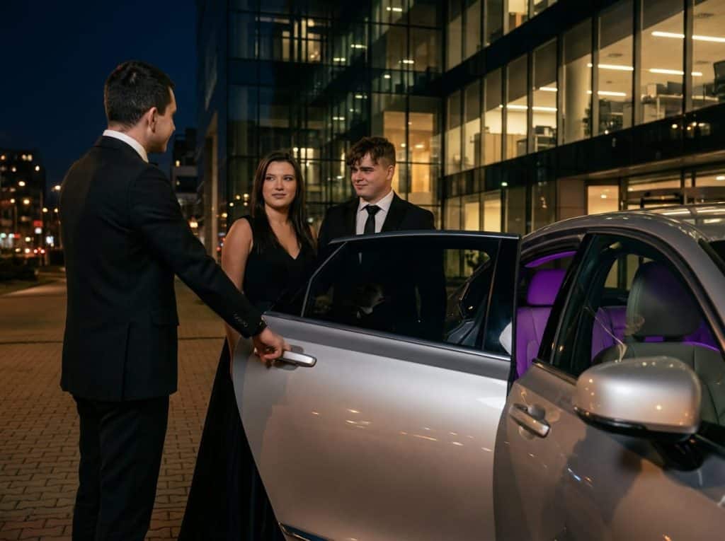 Professional chauffeur opening the rear door of a premium sedan for elegantly dressed guests in Bucharest at night