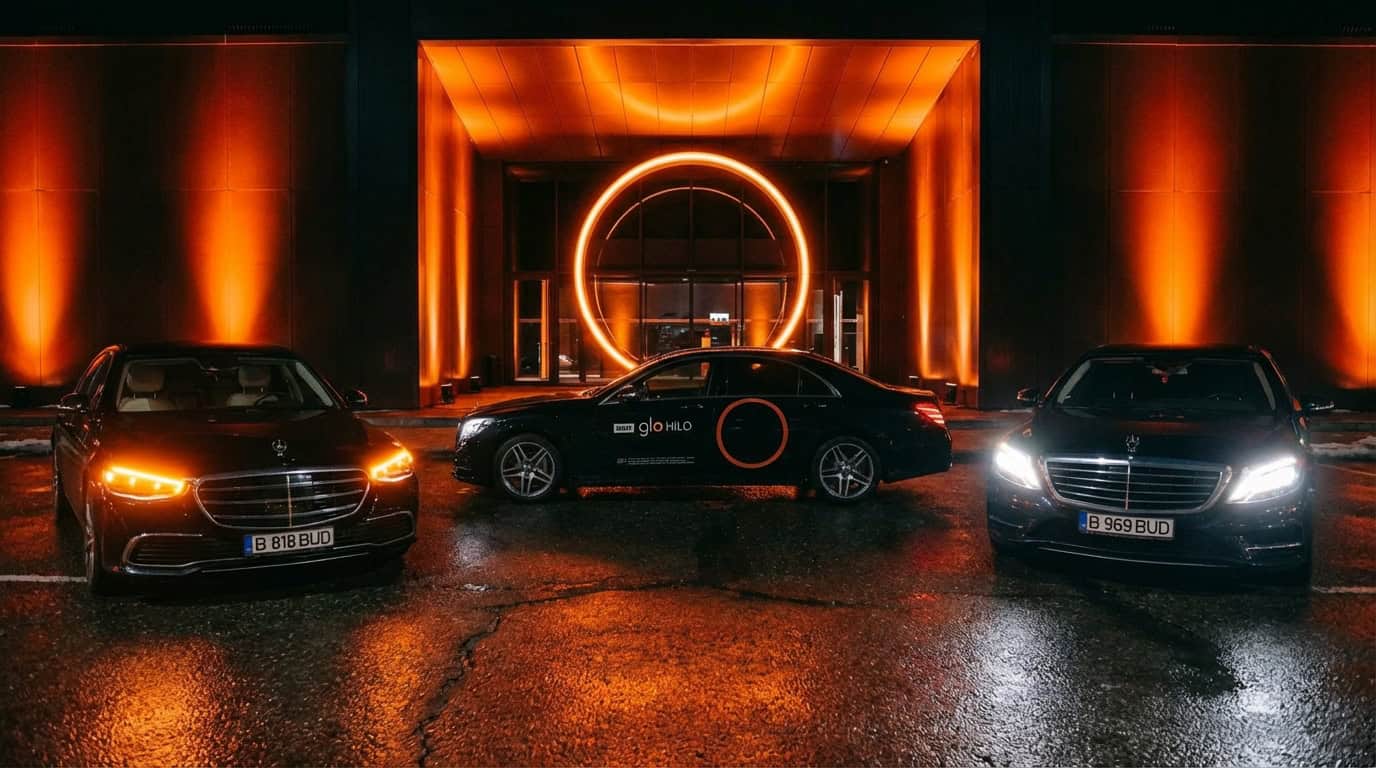 Bud’s Cab premium fleet displayed outside an illuminated luxury venue at night