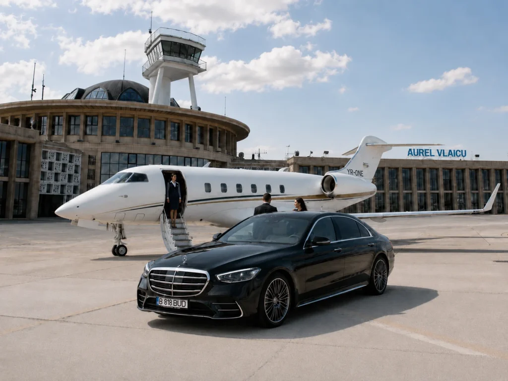 Bud’s Cab Mercedes S-Class beside a private jet at Bucharest Băneasa BBU Airport for VIP chauffeur service.