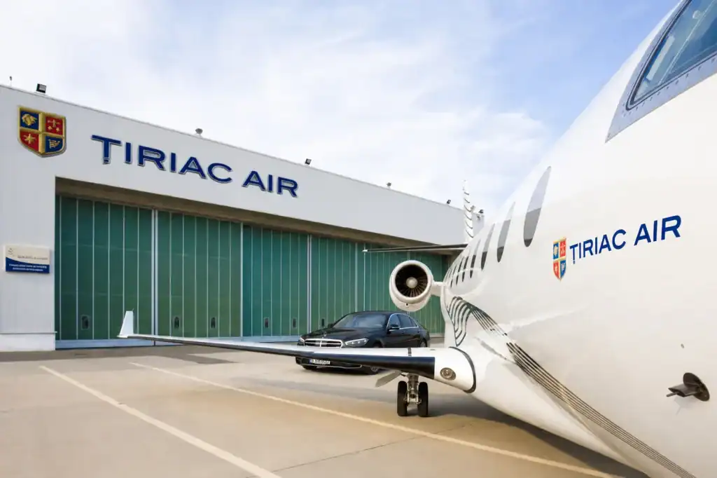 Bud’s Cab black Mercedes S-Class private jet chauffeur service at Tiriac Air Terminal in Bucharest