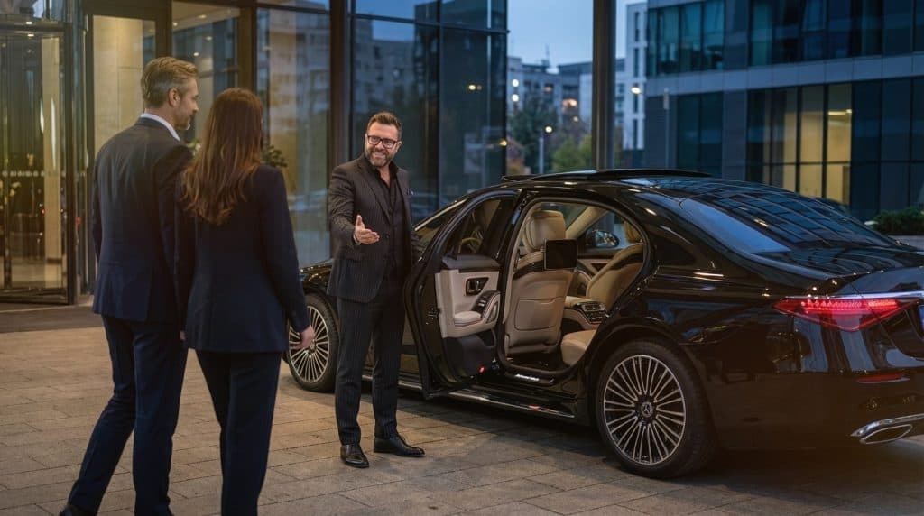 Professional chauffeur welcoming a couple beside a black Mercedes S-Class