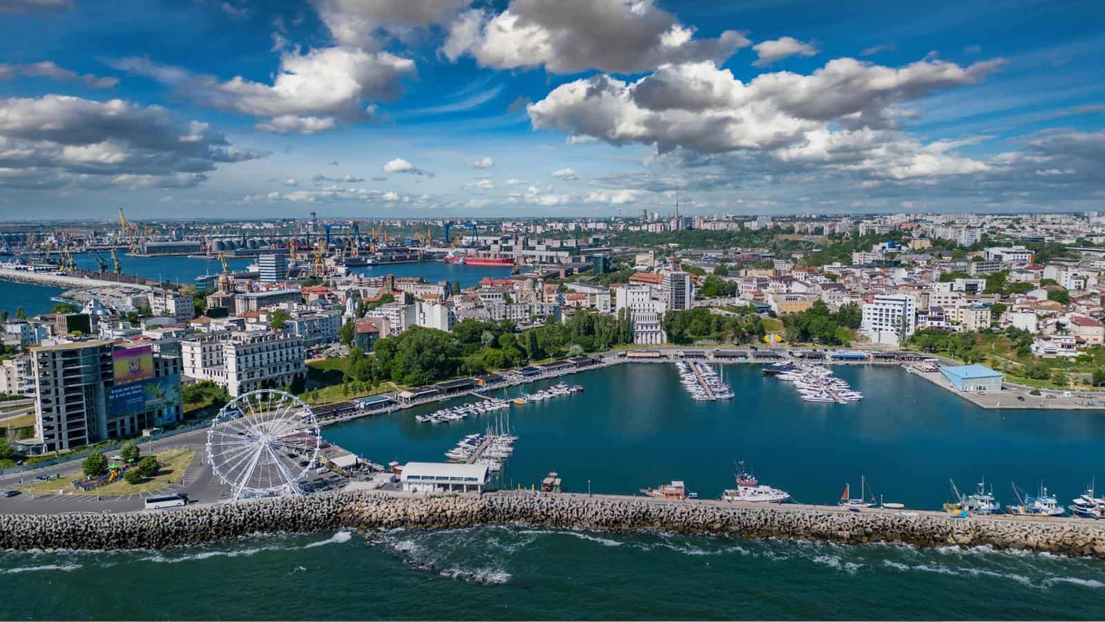 Aerial view of Constanța marina and Black Sea waterfront