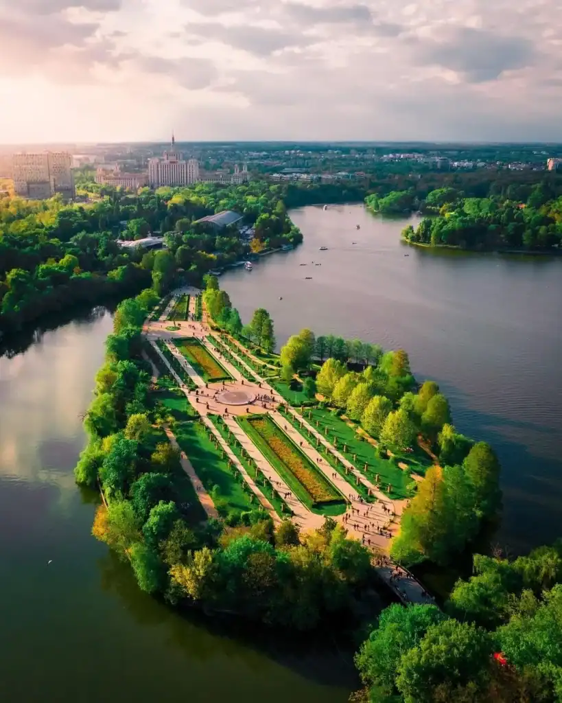 Aerial view of King Michael I Park and lake in Bucharest