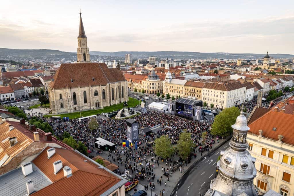 Union Square in Cluj-Napoca with Saint Michael Church and Matthias Corvinus statue