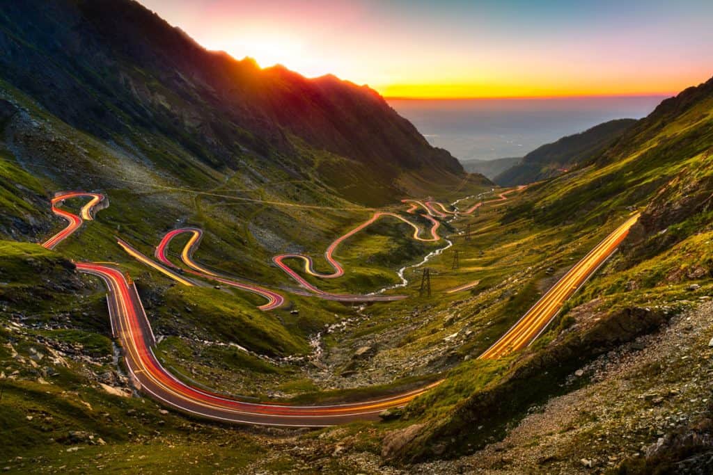 Transfagarasan road at sunset with light trails