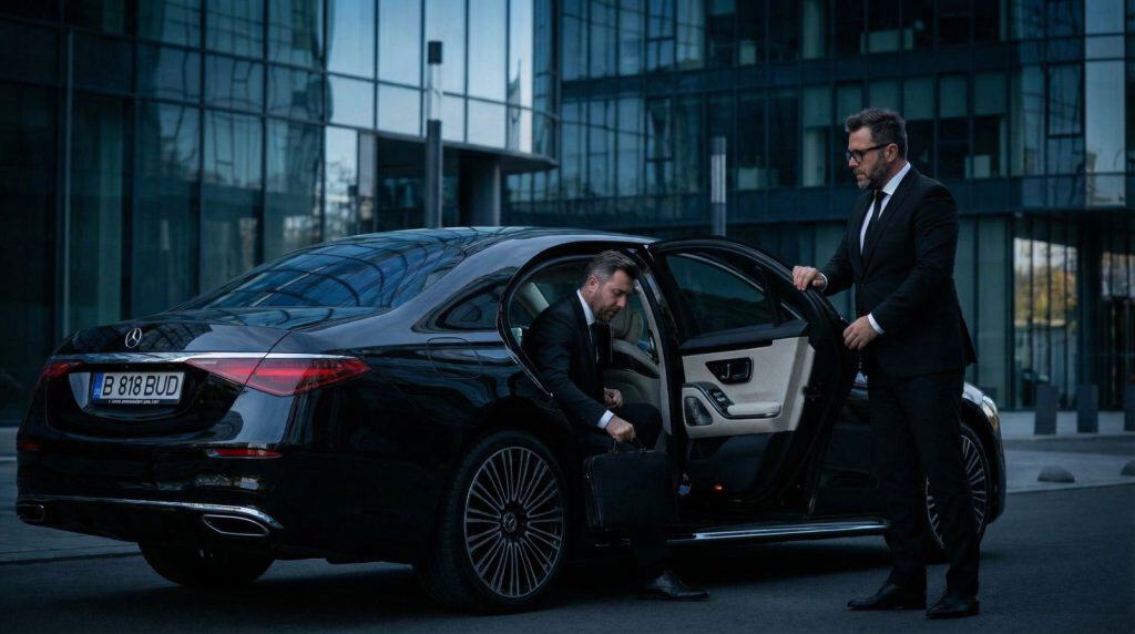 Luxury black sedan with two professional men arriving at a modern office building.
