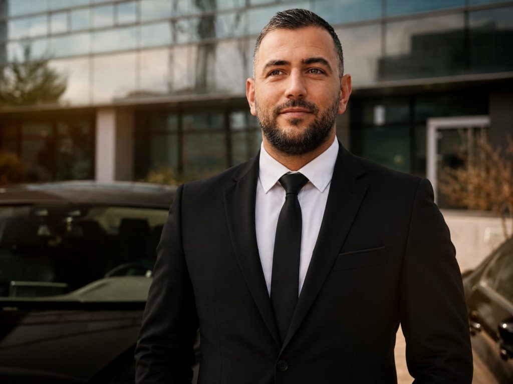 Professional Bud’s Cab chauffeur in a black suit beside a premium vehicle in Bucharest